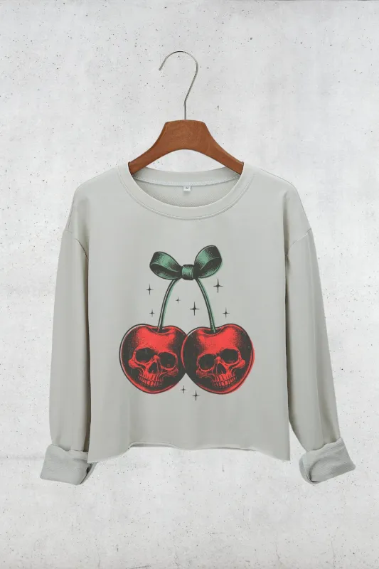 Retro Halloween Skull Cherries Crop Sweatshirt For Women sold by Fancy Tees