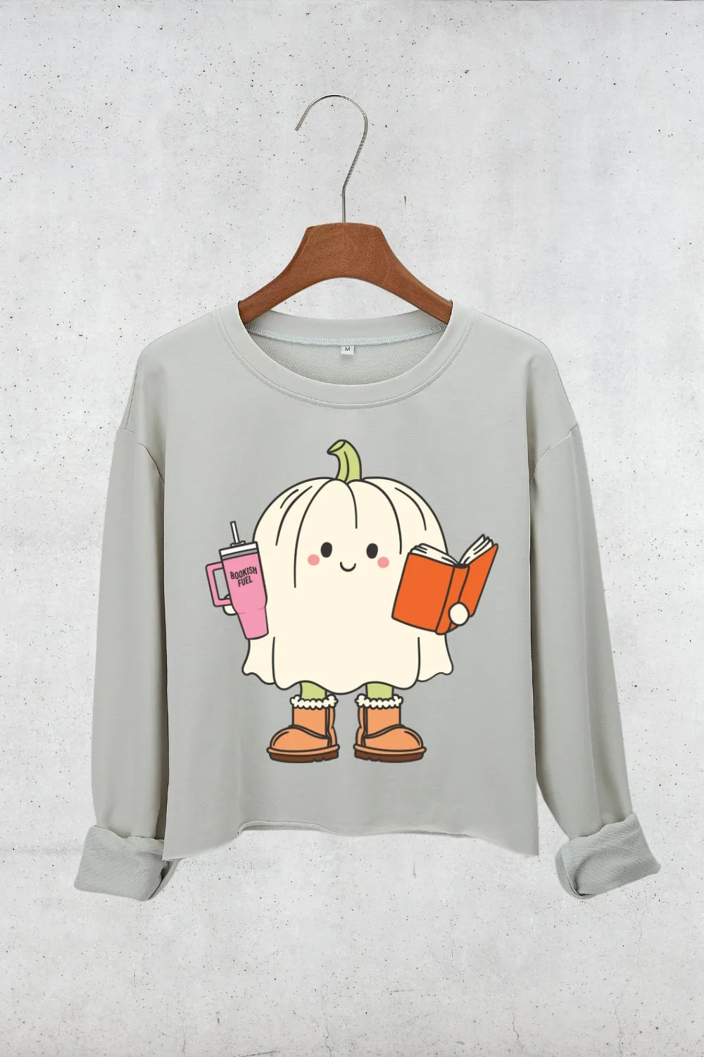 Pumpkin Bookish Ghost Crop Sweatshirt For Women sold by Fancy Tees product image thumbnail 2