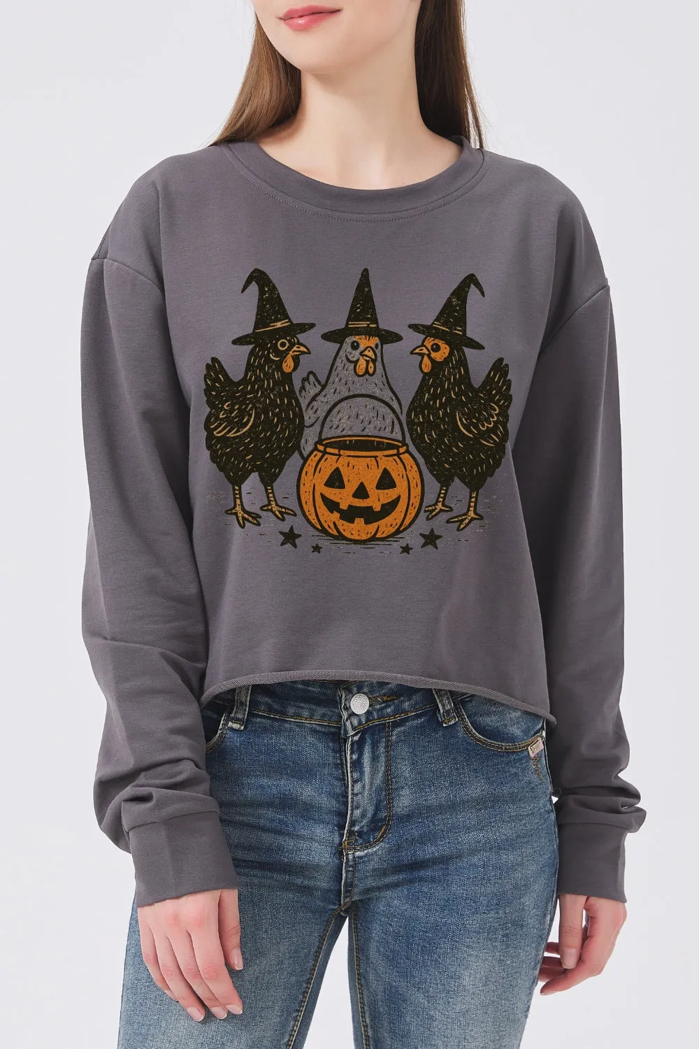 Retro Pumpkin Chicken Fall Crop Sweatshirt For Women sold by Fancy Tees