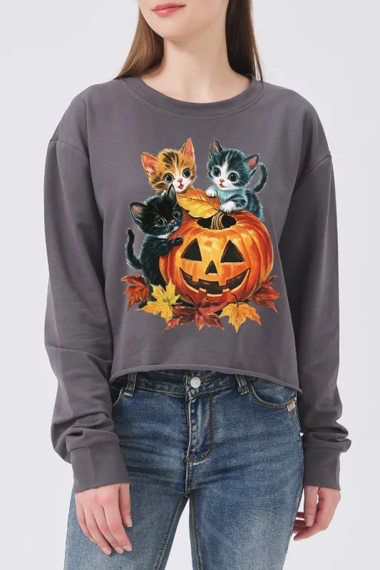 Vintage 90s Cat Halloween Pumpkin Crop Sweatshirt For Women sold by Fancy Tees