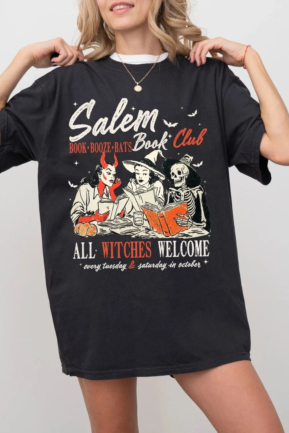 Salem Witchy Book Club Spooky Girl Reading Tee For Women sold by Fancy Tees product image thumbnail 3
