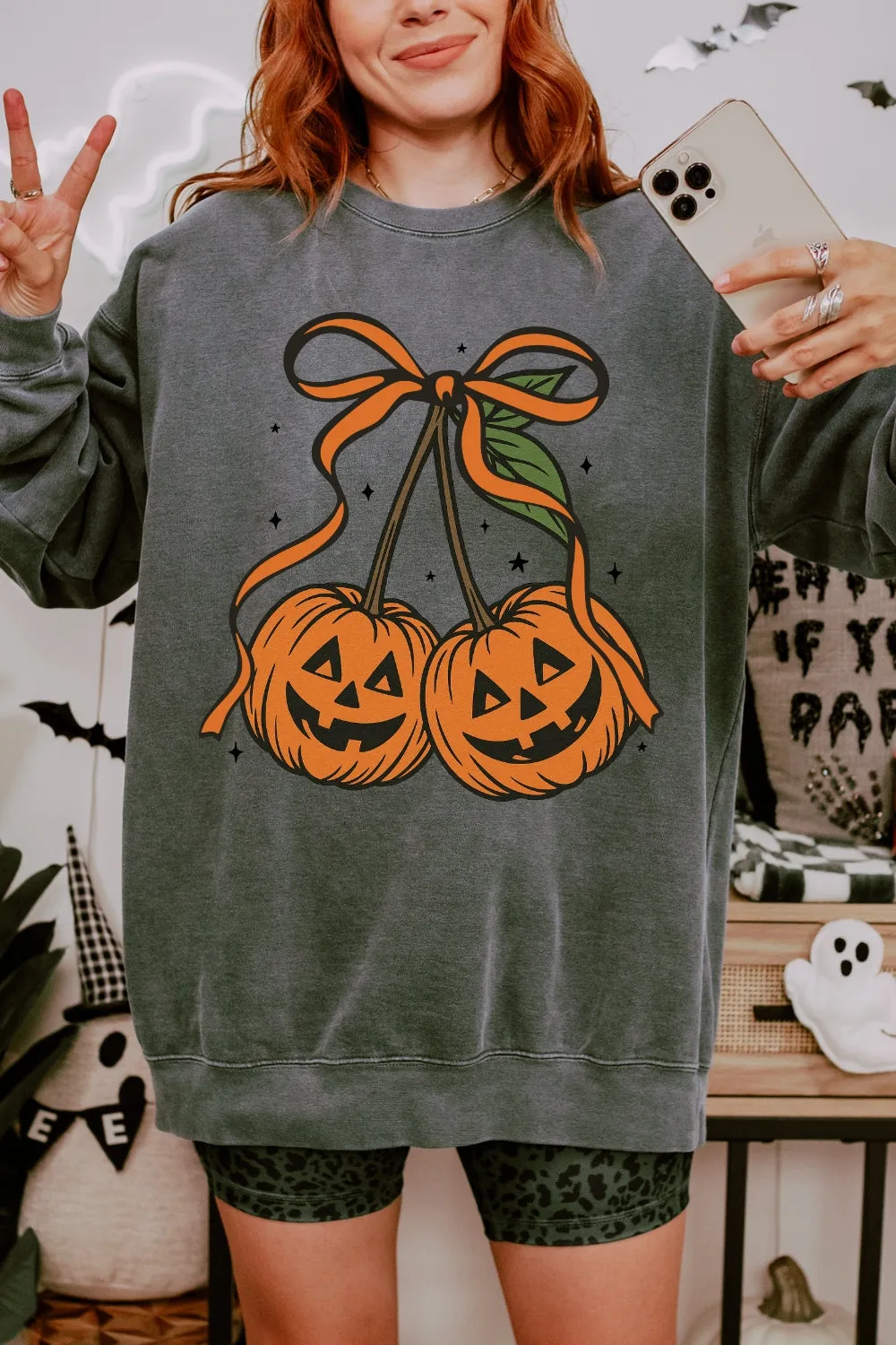 Pumpkin Cherries Autumn Girly Sweatshirt For Women sold by Fancy Tees product image thumbnail 2