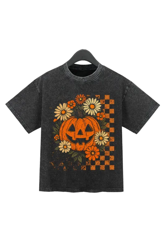 Retro Floral Pumpkin Spooky Washed Crop Top For Women sold by Fancy Tees