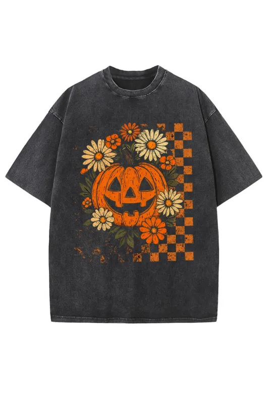 Retro Floral Pumpkin Spooky Vintage Washed Tee sold by Fancy Tees