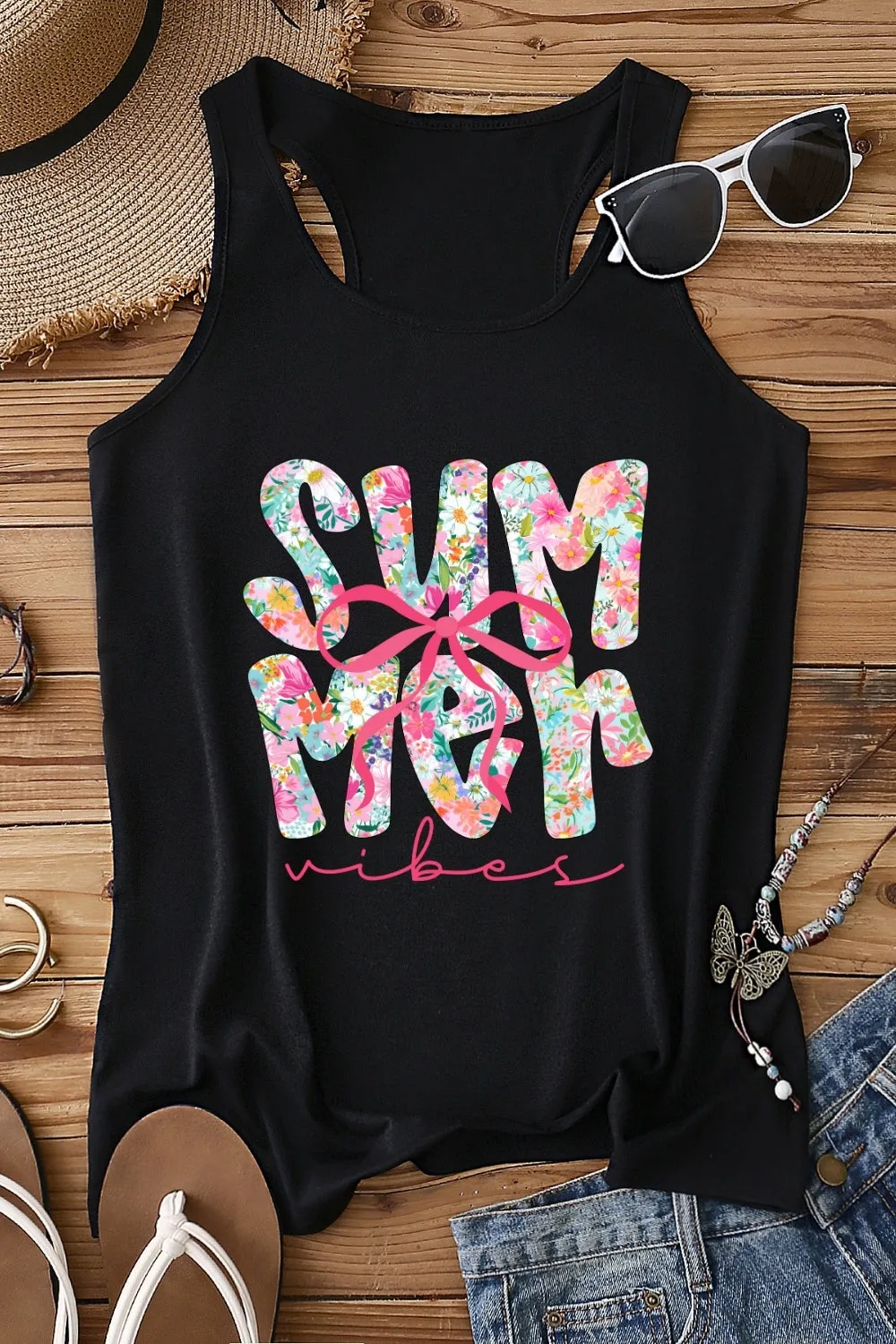 Summer Vibes Pink Bow Tank Top For Women sold by Fancy Tees product image thumbnail 4