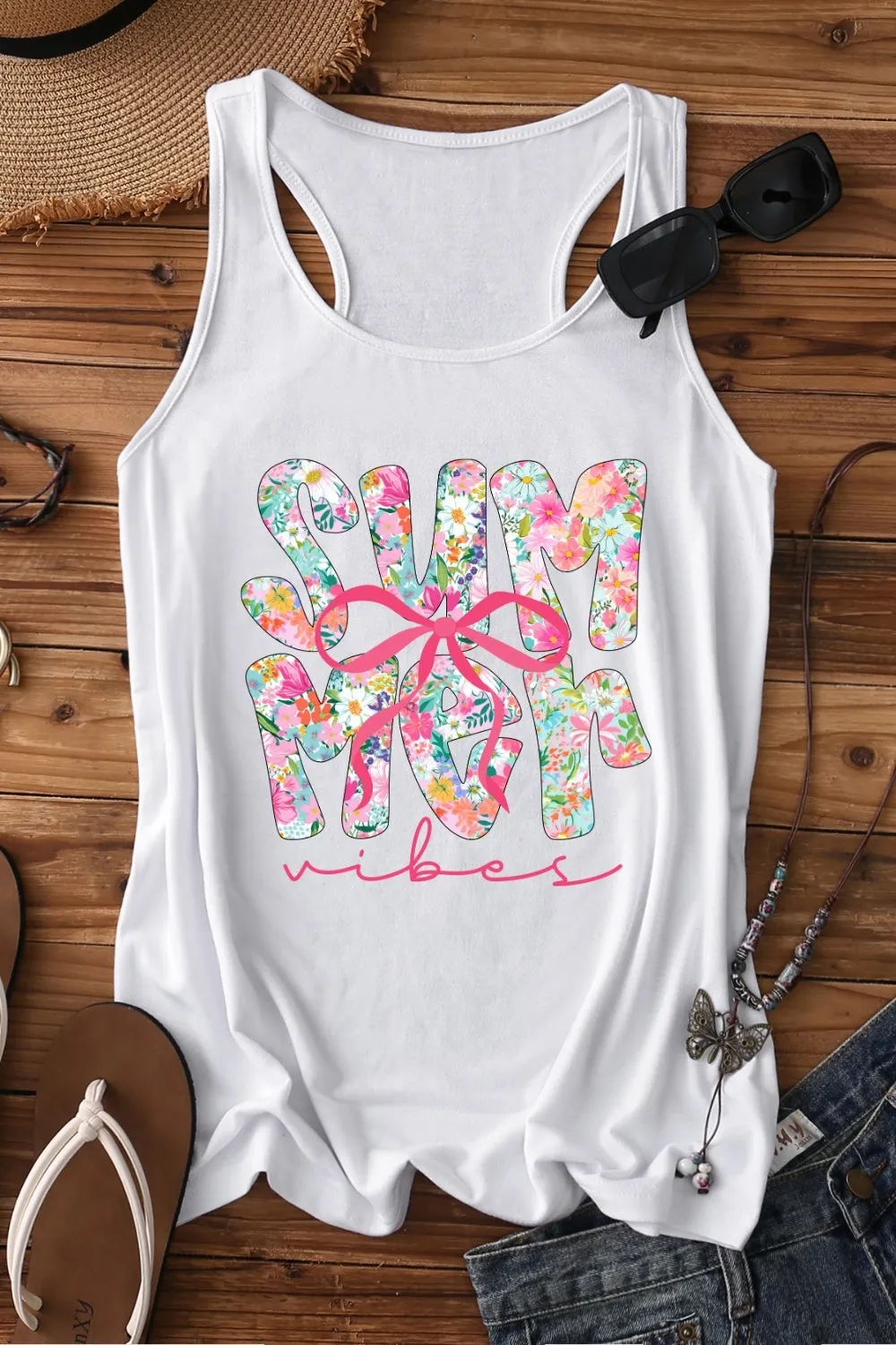 Summer Vibes Pink Bow Tank Top For Women sold by Fancy Tees product image thumbnail 2