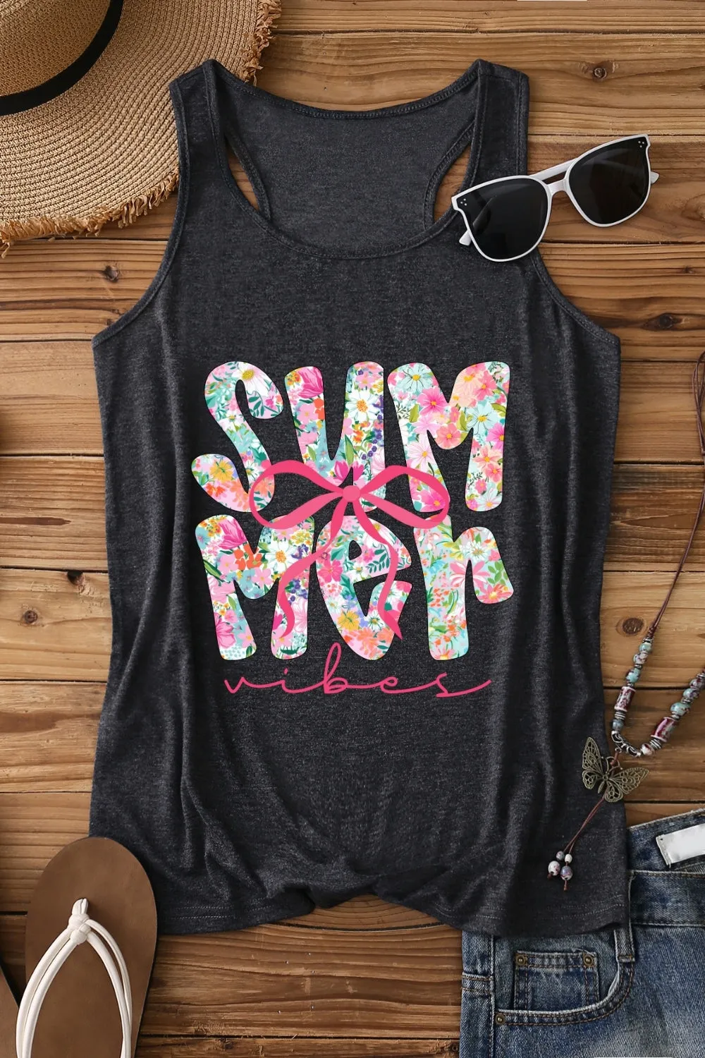 Summer Vibes Pink Bow Tank Top For Women sold by Fancy Tees