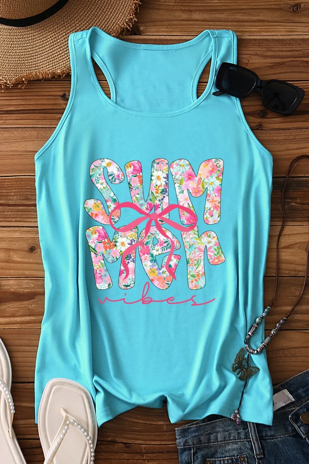Summer Vibes Pink Bow Tank Top For Women sold by Fancy Tees product image thumbnail 3