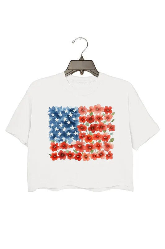 Flower Brushstroke America Flag Crop Top For Women sold by Fancy Tees