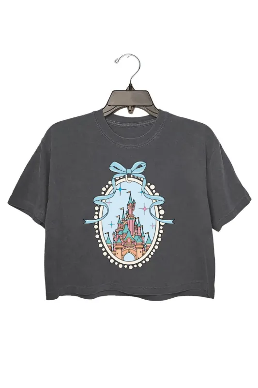 Retro Magical Castle With Blue Bow Crop Top For Women sold by Fancy Tees