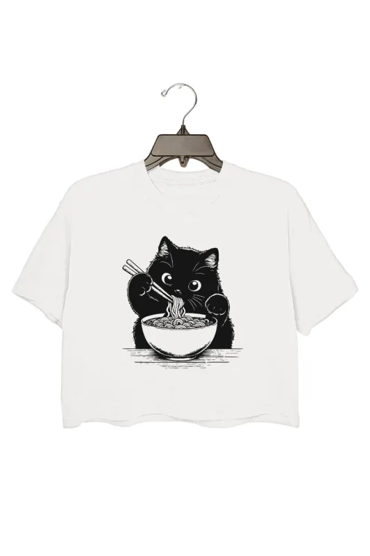Cute Cat Eating Ramen Crop Top For Women sold by Fancy Tees