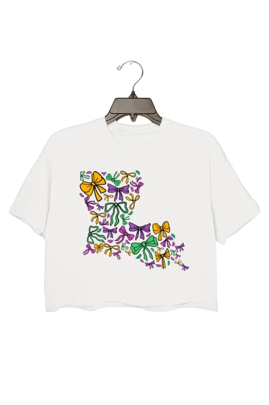 Mardi Gras Louisiana Map Bow Crop Top For Women sold by Fancy Tees