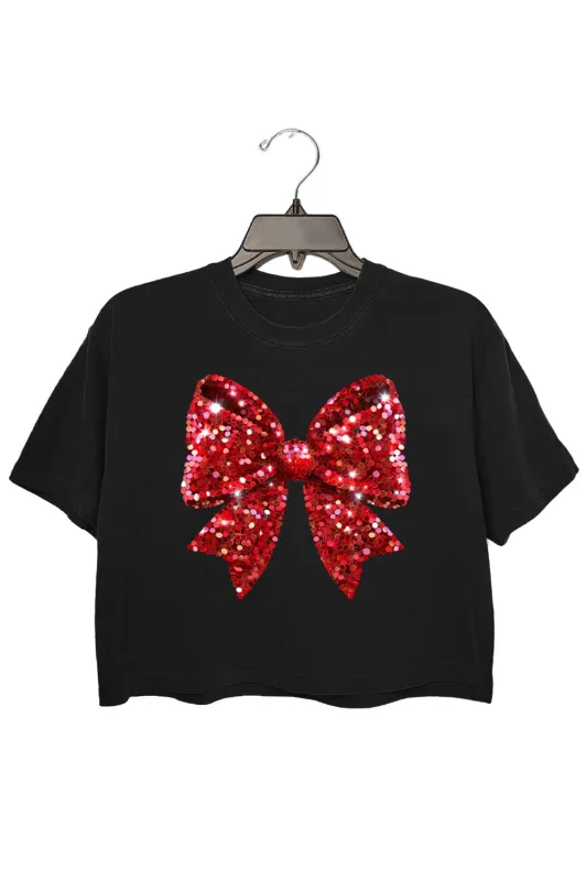 Christmas Glitter Red Bow Crop Top For Women sold by Fancy Tees