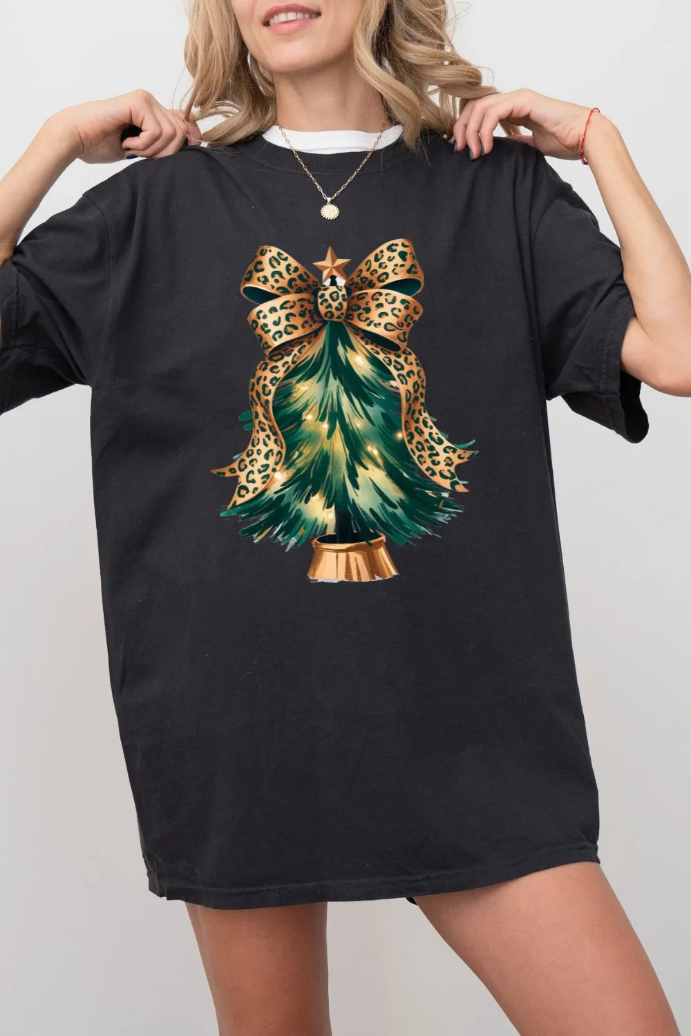 Leopard Bow Christmas Tree Tee For Women sold by Fancy Tees product image thumbnail 3