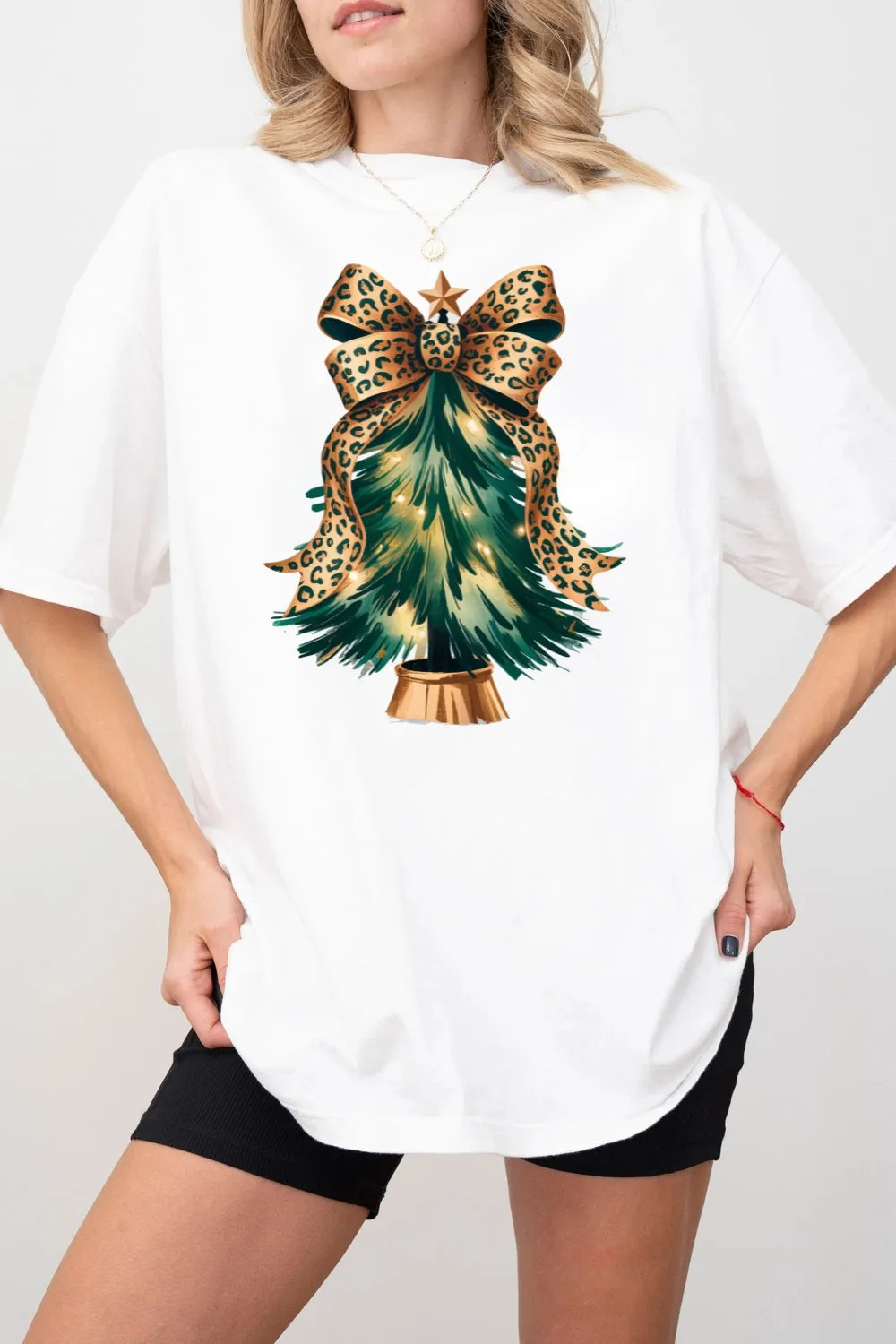 Leopard Bow Christmas Tree Tee For Women sold by Fancy Tees product image thumbnail 2