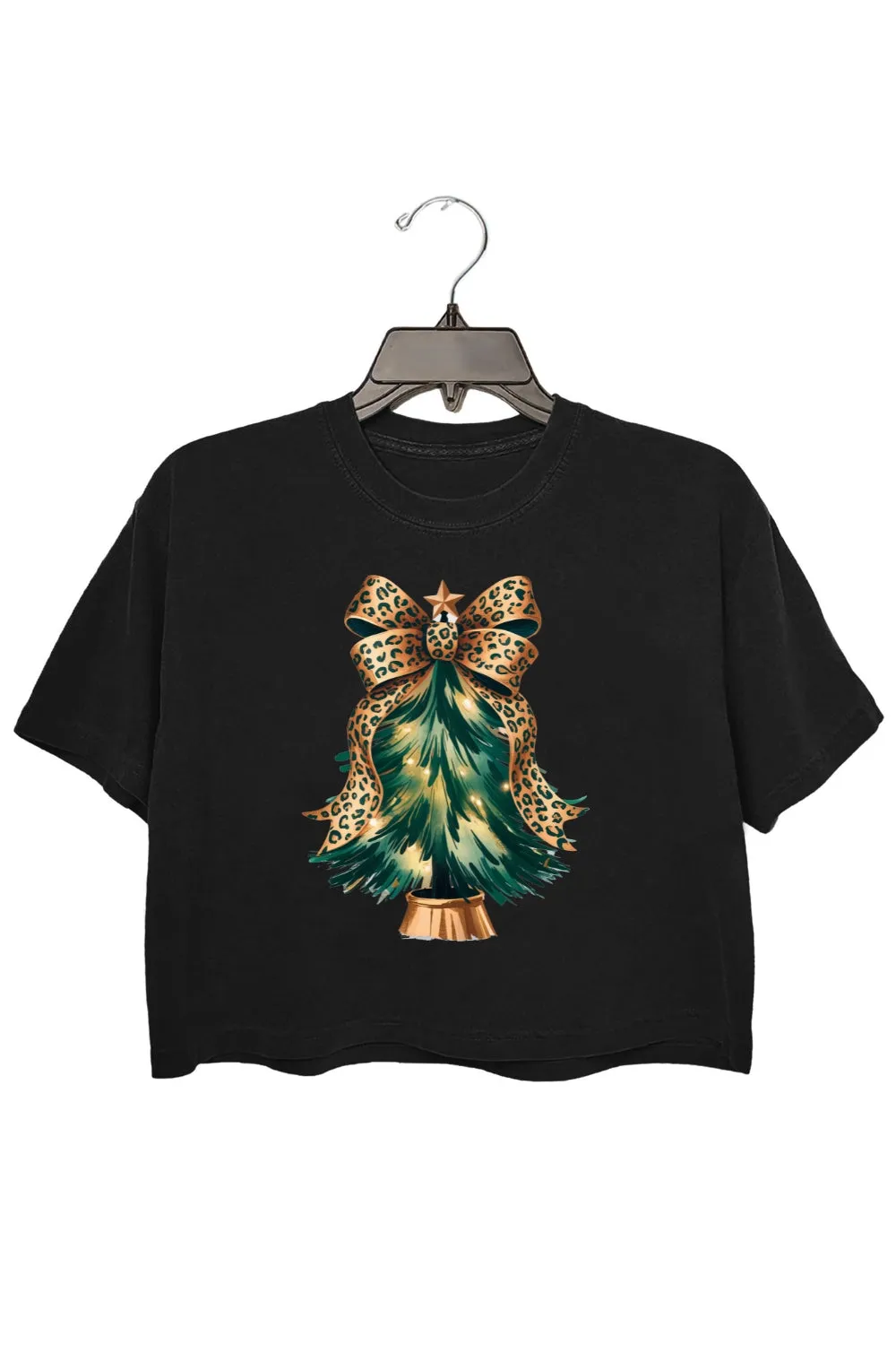 Leopard Bow Christmas Tree Crop Top For Women sold by Fancy Tees product image thumbnail 3