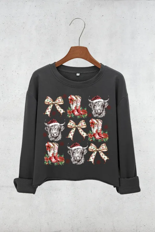 Christmas Highland Cow Bow Crop Sweatshirt For Women sold by Fancy Tees