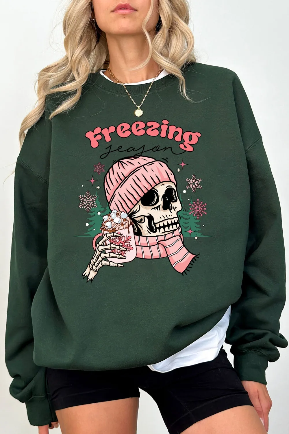 Pink Freezing Season Skeleton Sweatshirt For Women sold by Fancy Tees product image thumbnail 3
