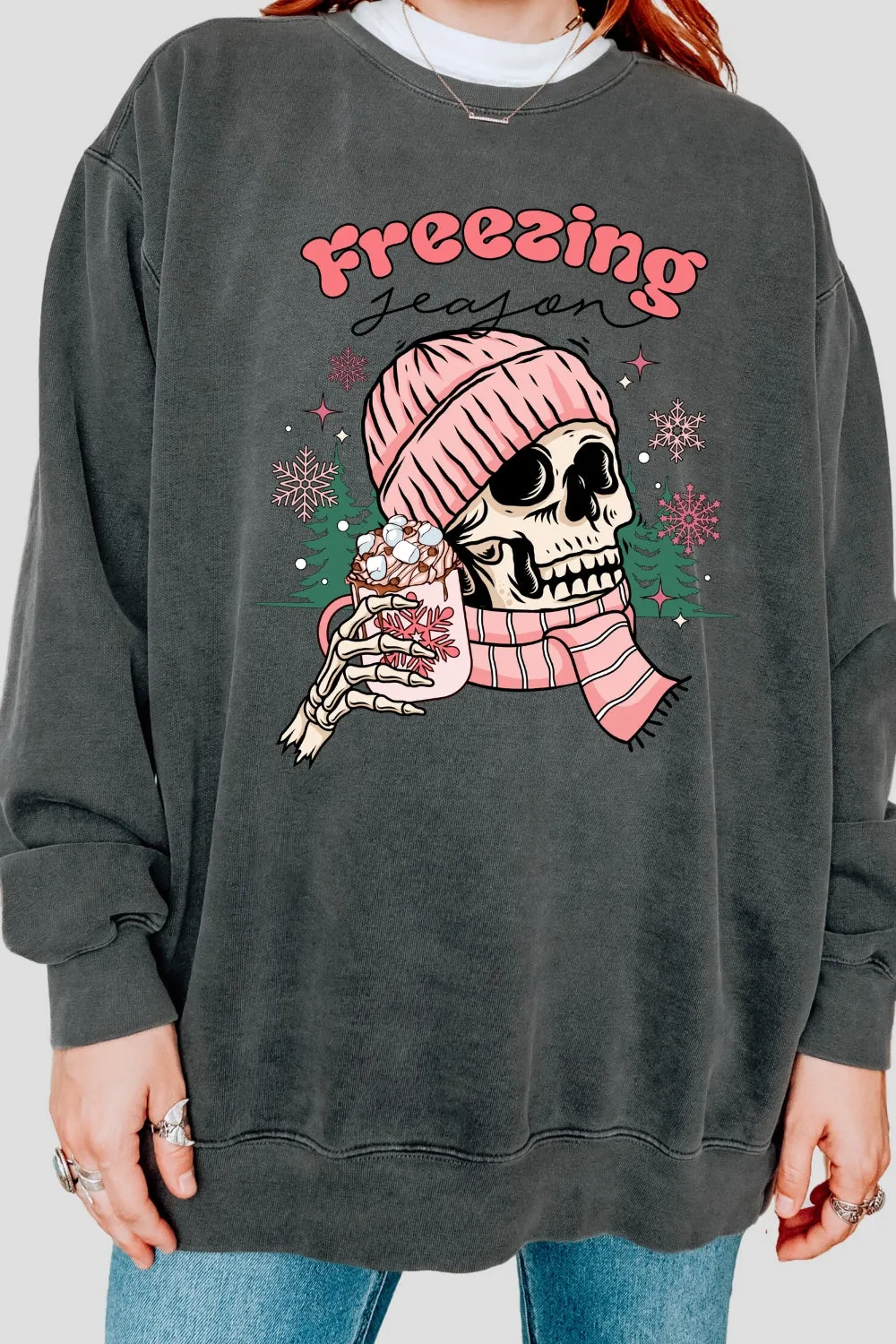Pink Freezing Season Skeleton Sweatshirt For Women sold by Fancy Tees