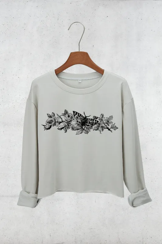 Victorian Moth With Roses Crop Sweatshirt For Women sold by Fancy Tees
