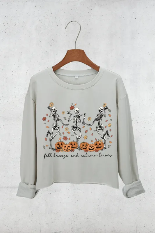Fall Breeze and Autumn Leaves Skeleton Crop Sweatshirt For Women sold by Fancy Tees