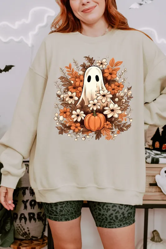 Autumn Flowers Spooky Ghost Sweatshirt For Women sold by Fancy Tees