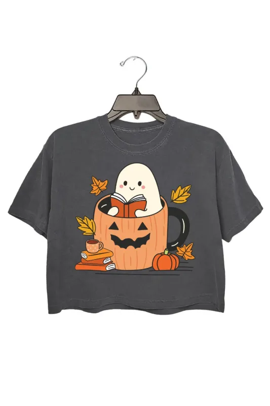 Bookish Ghost Pumpkin Mug Crop Top For Women sold by Fancy Tees