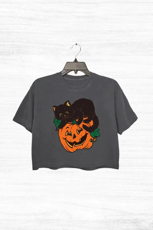 Black Cat Pumpkin Halloween Crop Top For Women sold by Fancy Tees