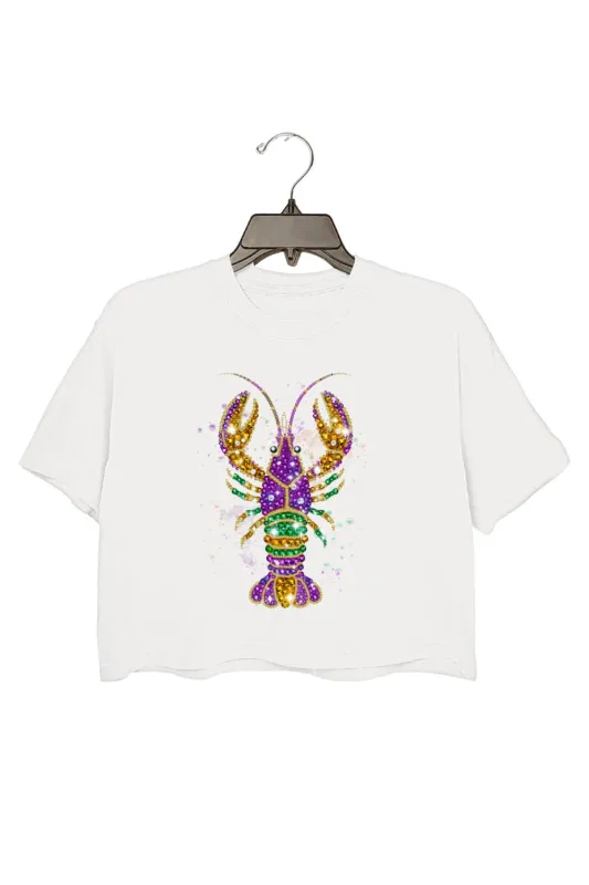Rhinestone Mardi Gras Crawfish Print Crop Top For Women sold by Fancy Tees