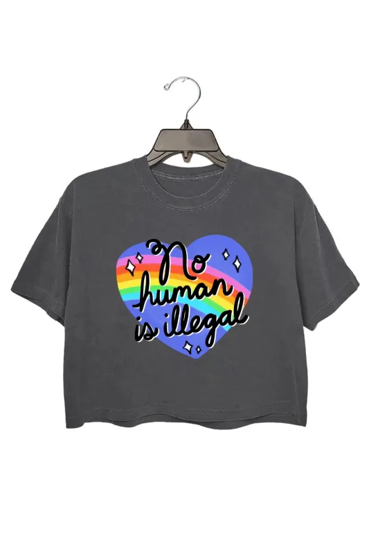 No Human is Illegal Rainbow Heart Crop Top For Women sold by Fancy Tees