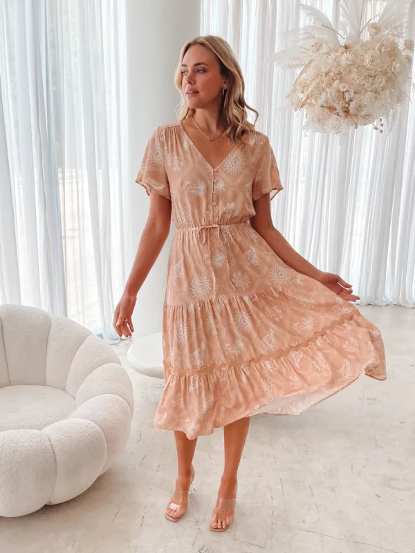 Terenia Dress - Beige Print sold by Esther & Co