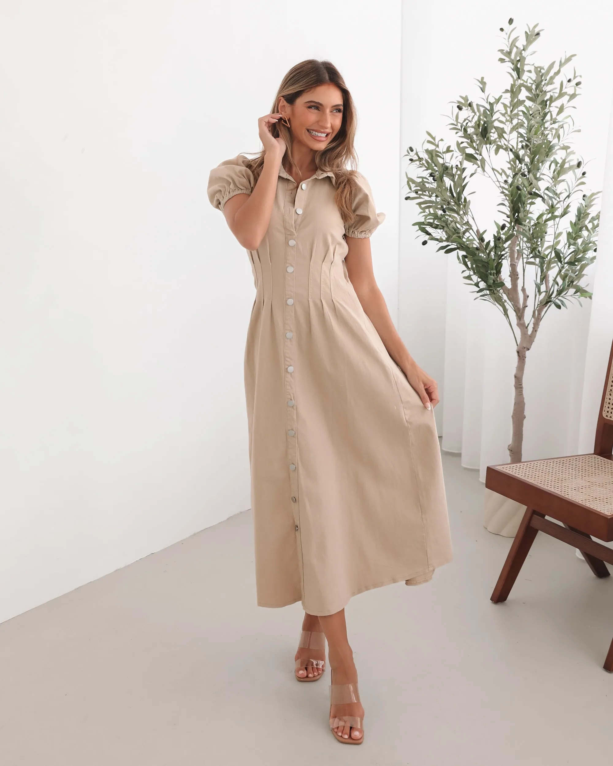 Zorina Dress - Beige sold by Esther & Co