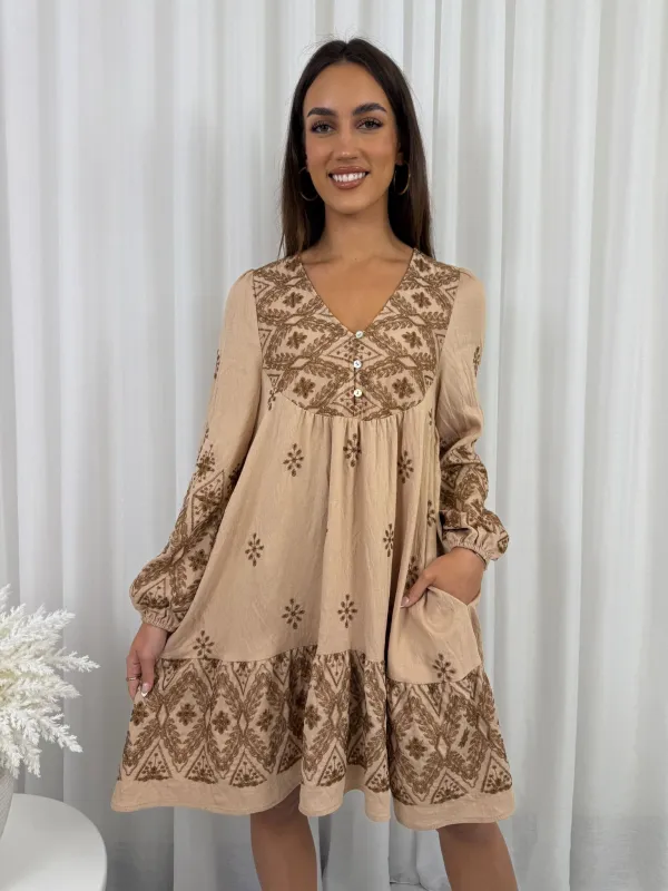 Jenayah Dress - Tan Print sold by Esther & Co