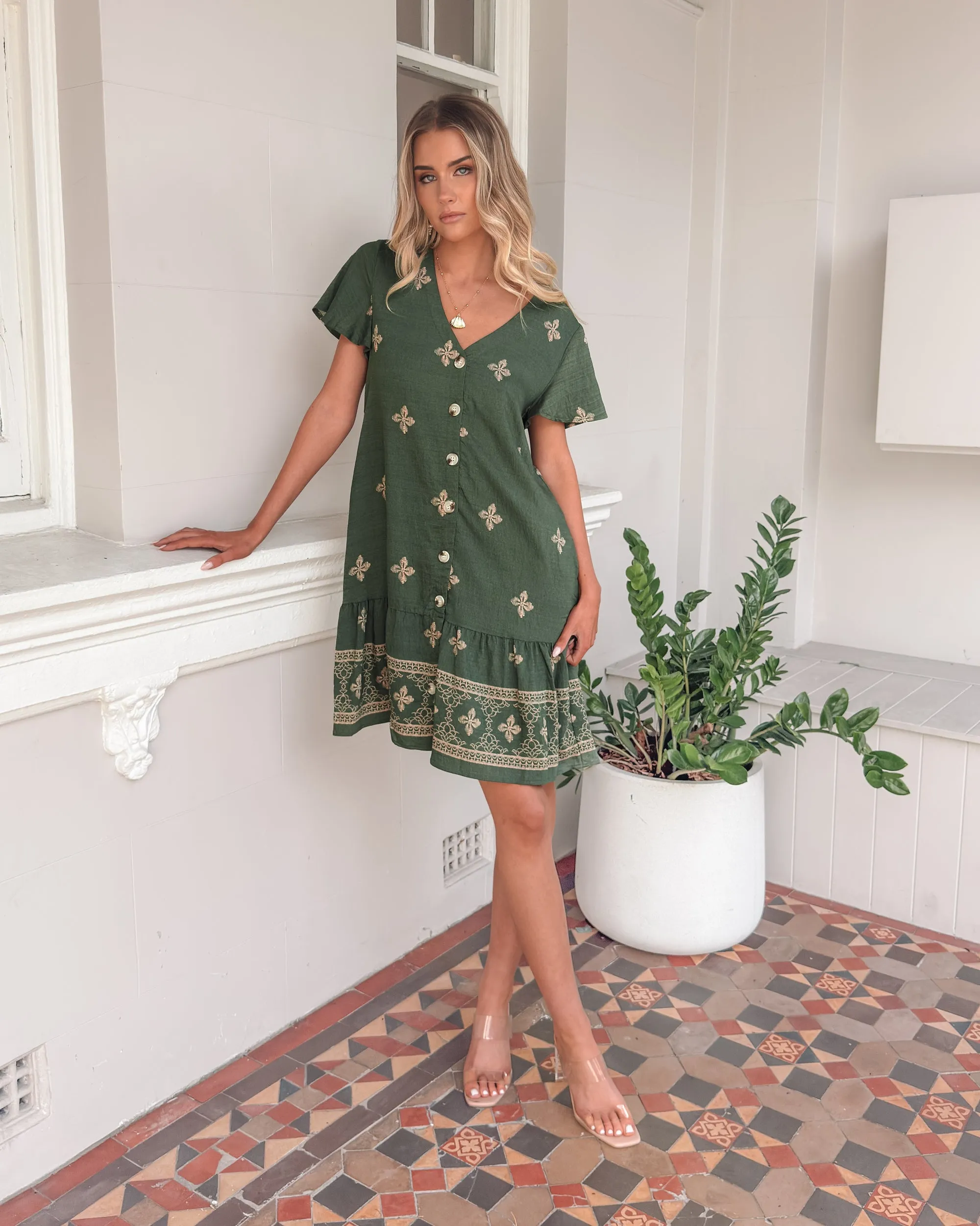 Kalea Dress - Khaki Print sold by Esther & Co