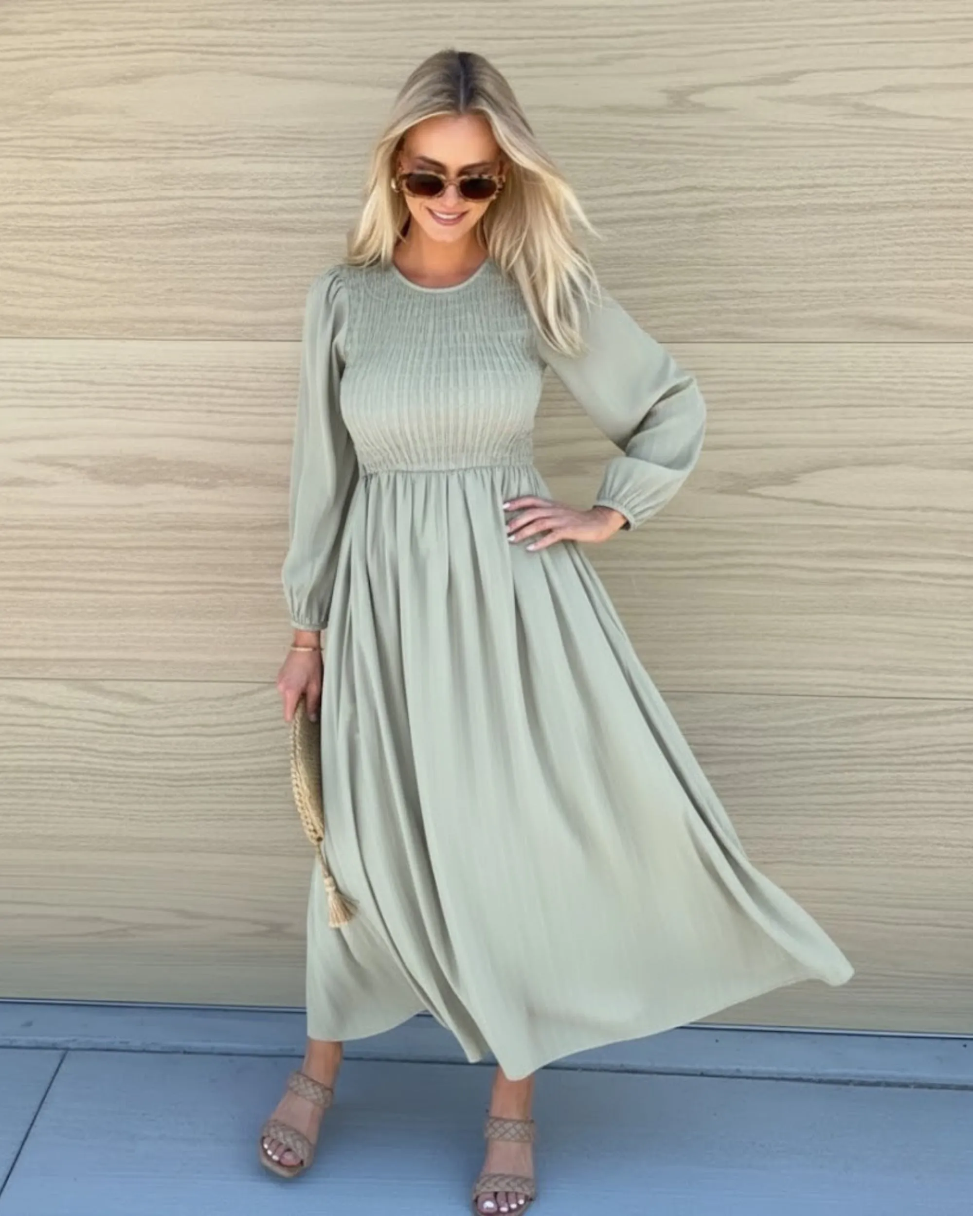 Iolana Dress - Soft Khaki Long Sleeve sold by Esther & Co