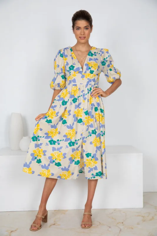 Aviona Dress - Beige Floral sold by Esther & Co