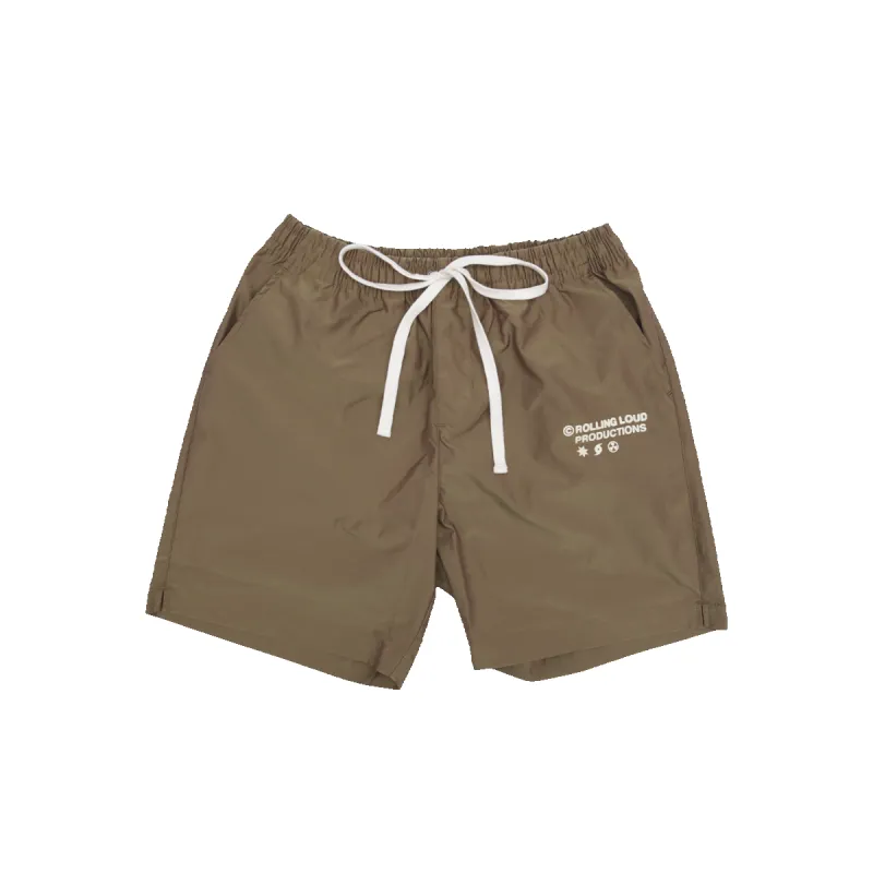 RL Productions Iridescent Gold Nylon Shorts sold by Rolling Loud Merch