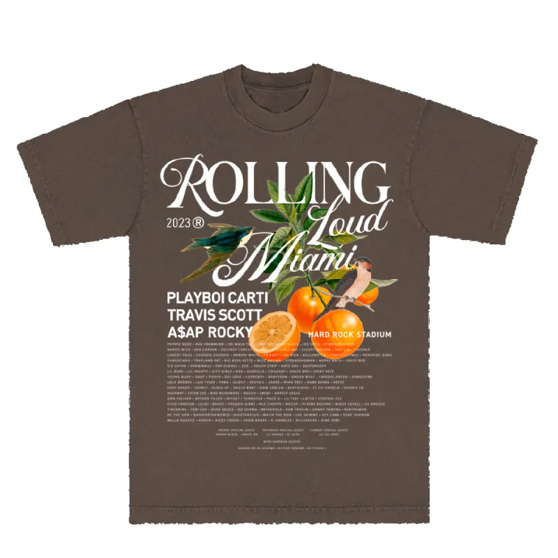 RL Miami 23 Oranges Clove Lineup Tee sold by Rolling Loud Merch