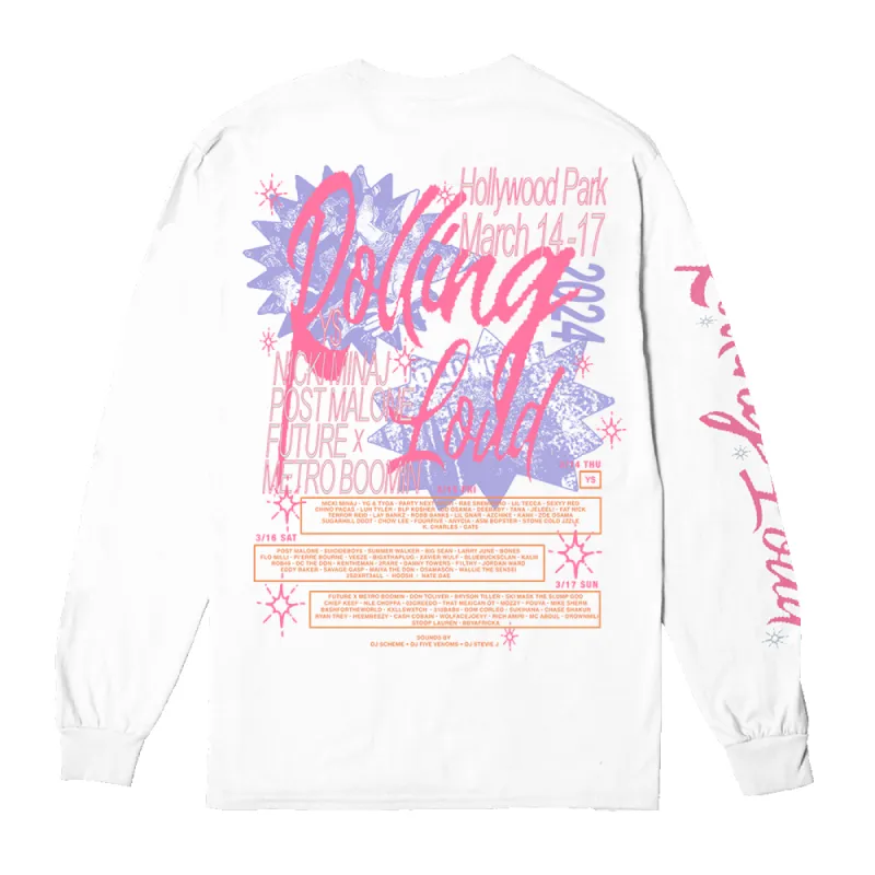 RL LA 24 Bulletin Lineup White Longsleeve ( Web Exclusive ) sold by Rolling Loud Merch