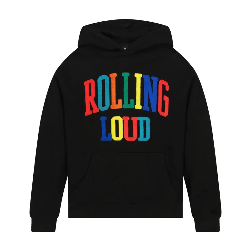 Rolling Loud Multi Chenille Black Hooded Sweatshirt sold by Rolling Loud Merch