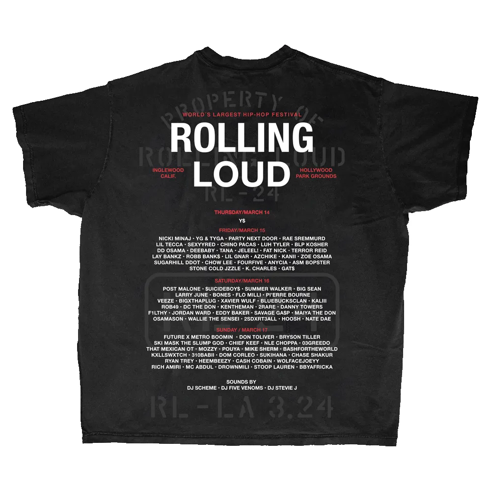 RL LA 24 Property Of Black Lineup Tee sold by Rolling Loud Merch