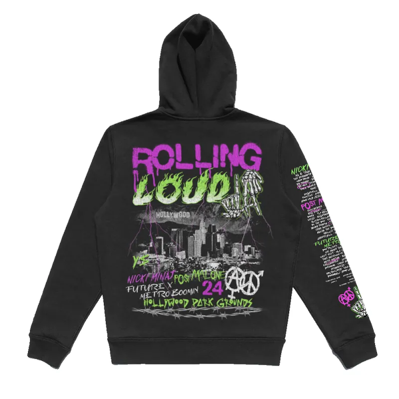 RL LA 24 City of Sinners Full Zip Black Lineup Hoodie sold by Rolling Loud Merch