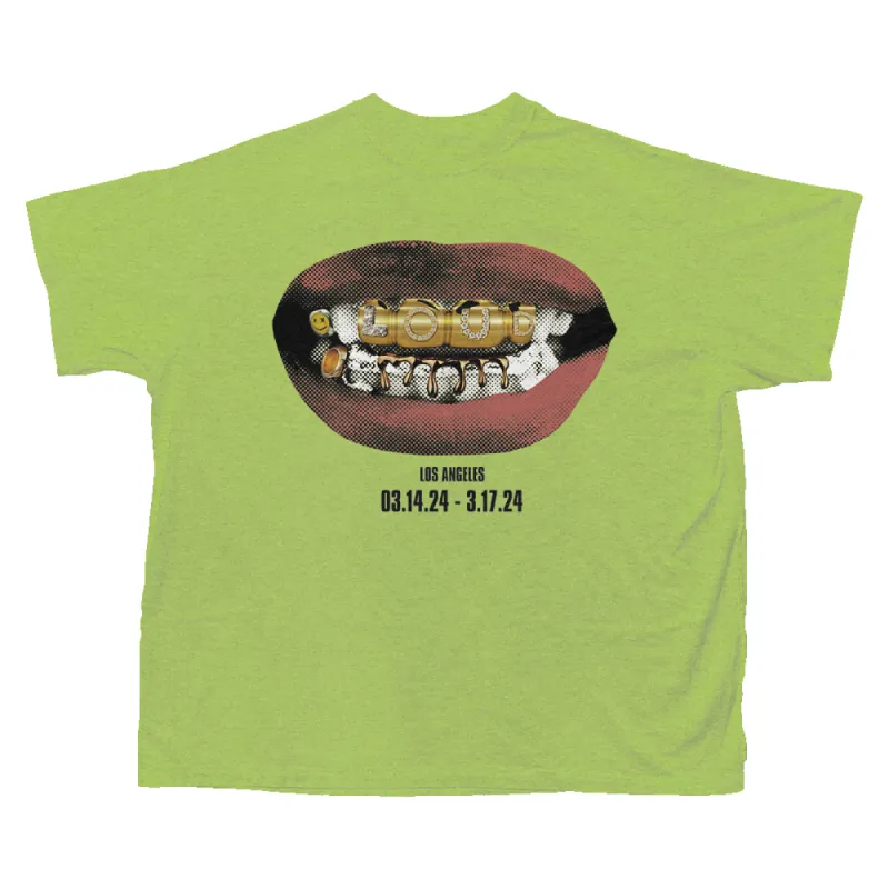 RL LA 24 Loud Mouth Grill Bling Lime Tee sold by Rolling Loud Merch