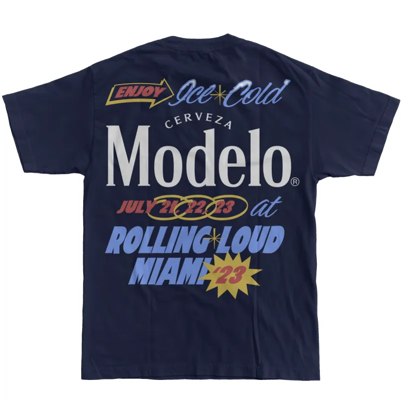 RL X Modelo Miami 23 Ice Cold Navy Tee sold by Rolling Loud Merch