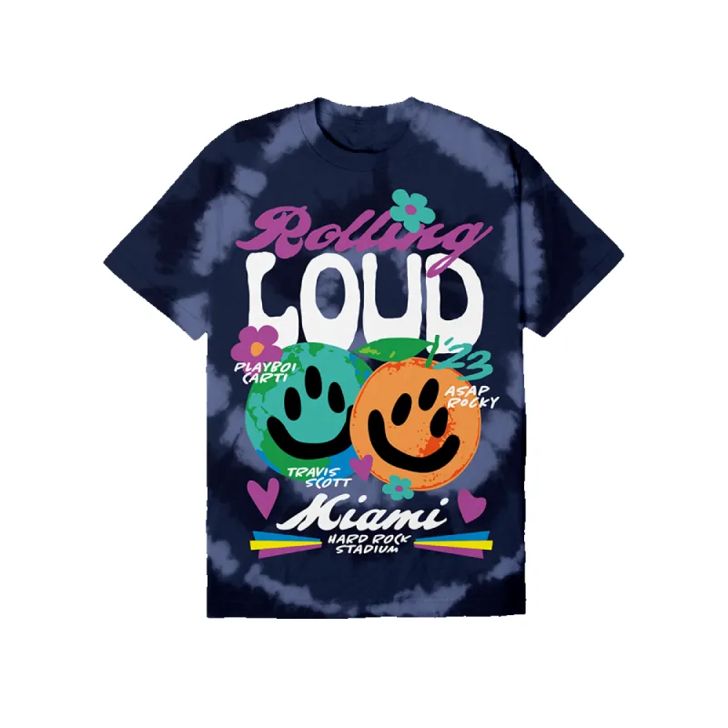 RL Miami 23 Happy Vintage Navy Tie Dye Tee sold by Rolling Loud Merch