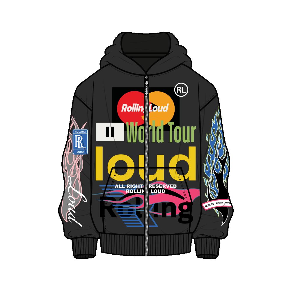 RL World Tour MC Mineral Black Zip Hoodie sold by Rolling Loud Merch
