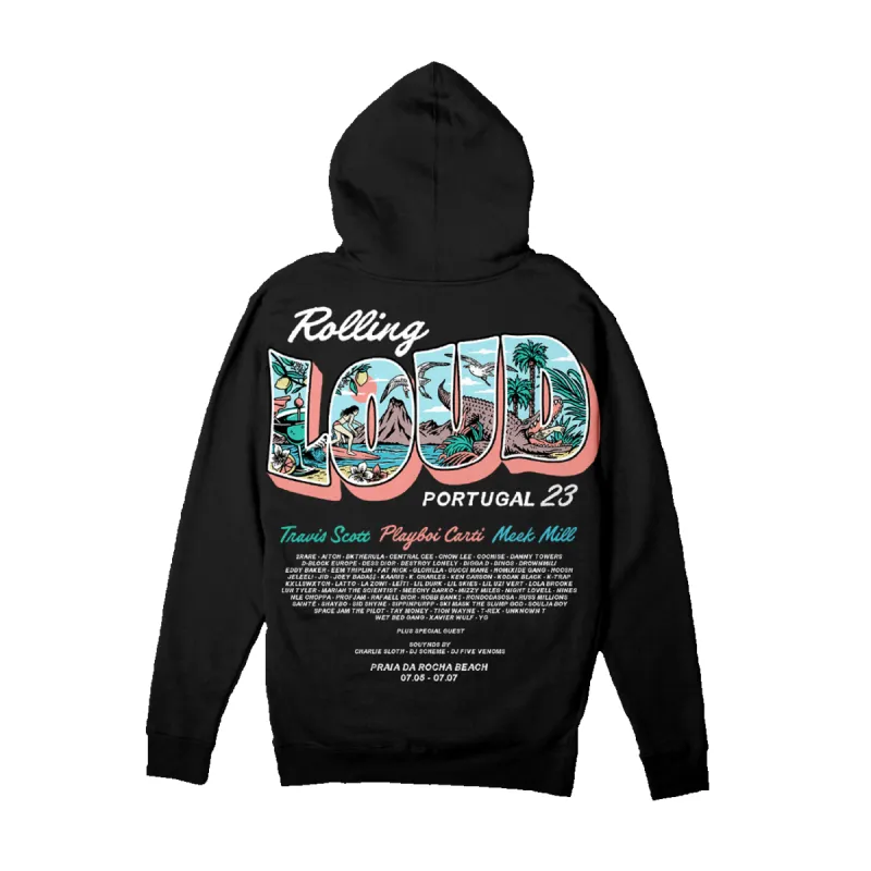 RL Portugal 23 Travel Loud Black Lineup Hoodie sold by Rolling Loud Merch