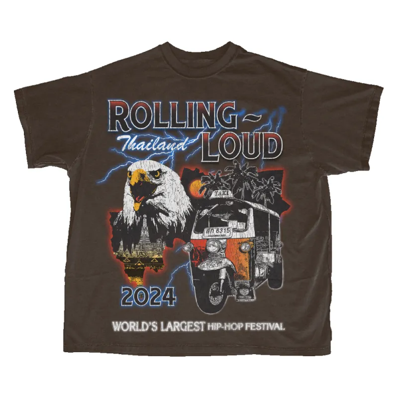 RL Thailand 24 Soaring Loud Washed Brown Tee sold by Rolling Loud Merch