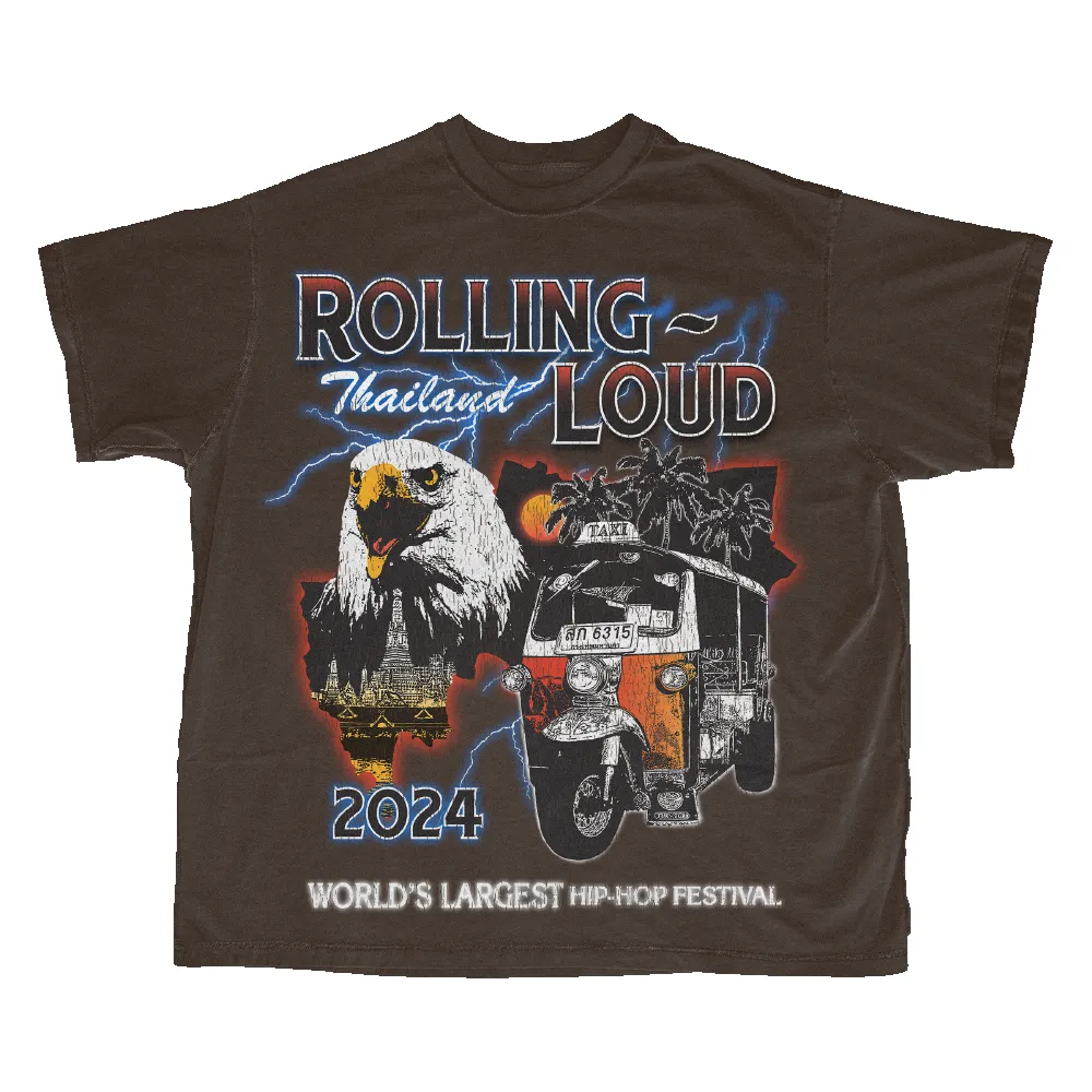 RL Thailand 24 Soaring Loud Washed Brown Tee sold by Rolling Loud Merch