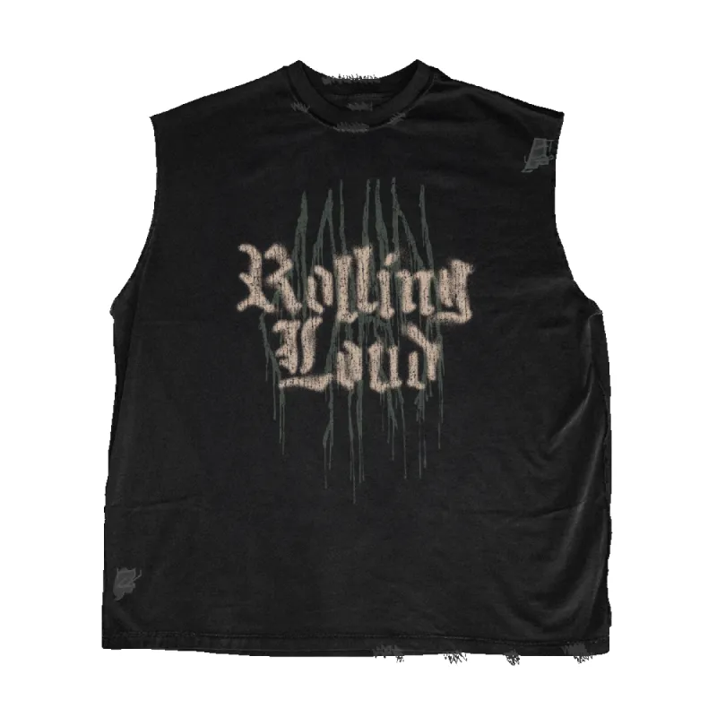 RL Miami 24 Loud Scratch Vintage Black Muscle Tee sold by Rolling Loud Merch